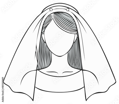 Elegant line art illustration of a bride wearing a traditional wedding veil and decorative tiara, showcasing a classic bridal look.