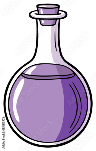 Round glass flask filled with purple liquid and a cork stopper