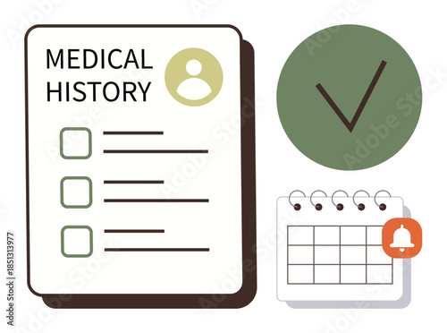 Medical history form with checklist, large tick mark, and a calendar featuring a notification alert. Ideal for healthcare, organization, appointments, reminders, planning, diagnostics and medical