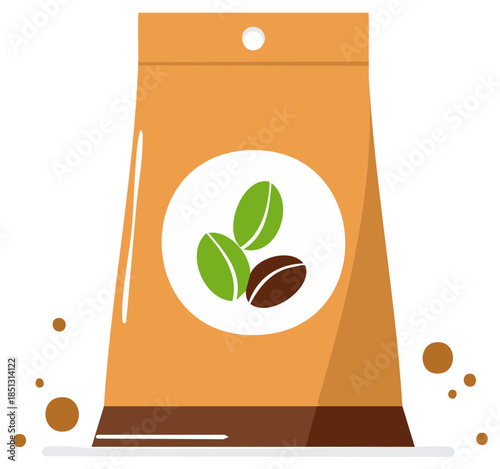 Coffee bag with green and brown coffee beans inside a white circle, beverage packaging design.