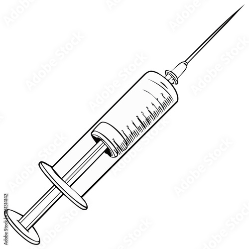 Stylized line drawing of a syringe with needle for medical treatment or vaccination