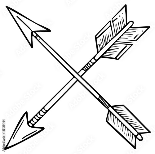Two traditional crossed arrows in a black and white hand drawn sketch illustration