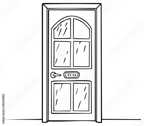 Front Door with Glass Panels and Arched Top - Outline Illustration of Home Entry