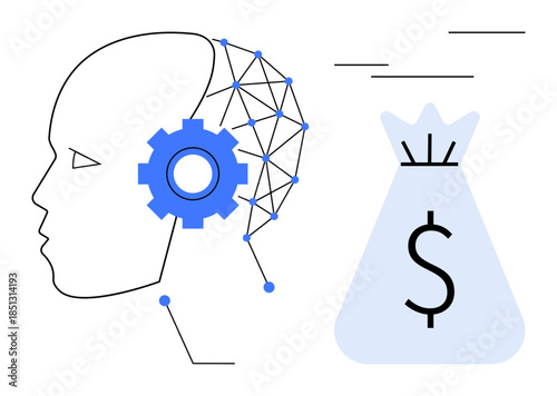Human head with neural network and gear, highlighting AI technology and automation alongside a moneybag representing financial growth. Ideal for AI development, tech innovation, finance, machine
