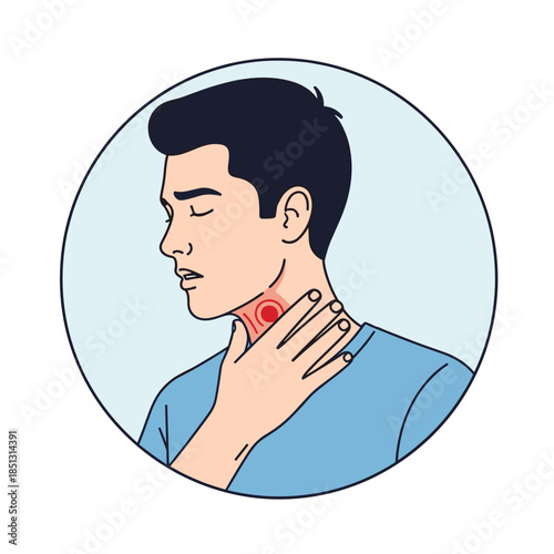 Young man holding his throat in discomfort illustrating sore throat concept  