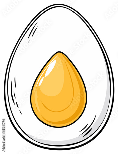 Simple graphic illustration of a halved hard boiled egg with a shiny golden yolk