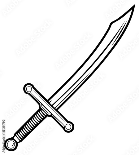 Black and white vector illustration of a curved scimitar sword. Simple pirate or fantasy weapon icon.
