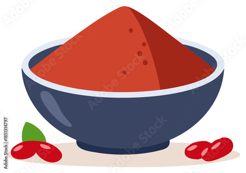 Vibrant Red Powder in Blue Bowl with Fresh Berries and Green Leaves Vector Illustration