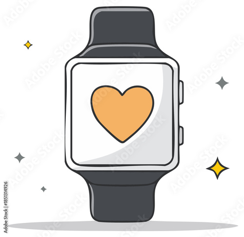 Cartoon smartwatch with heart rate monitor, healthcare technology