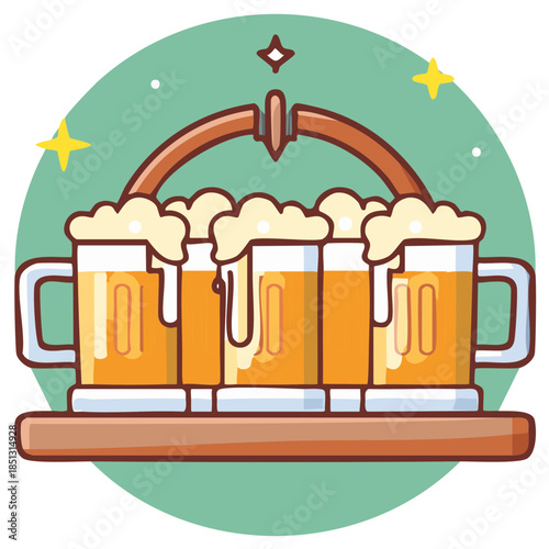Cartoon Image of Beer Mugs on a Tray with Sparkling Stars and Festive Look
