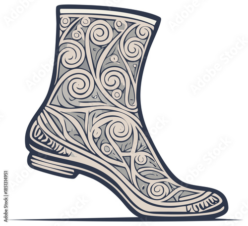 Stylized foot and ankle with intricate swirl patterns and artistic embellishments for design projects, arts and crafts or creative work.