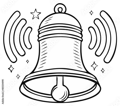 Hand Drawn Bell Ringing with Sound Waves and Stars Illustration