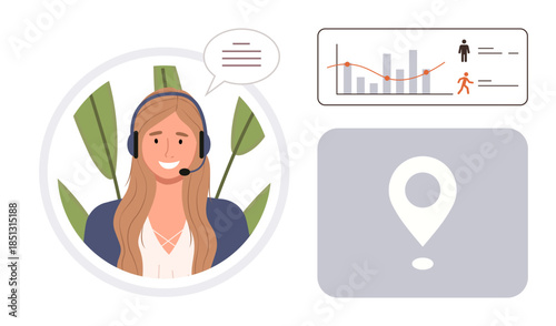 Female support agent speaking via headset, surrounded by plant leaves, with graphs, user statistics, and location marker. Ideal for customer service, data analysis, communication, tracking