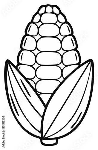 Simple ear of corn line drawing with husks, black and white vegetable vector icon for coloring page