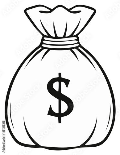Outlined Money Bag Filled with Currency Depicting a Dollar Sign for Financial Resources and Savings