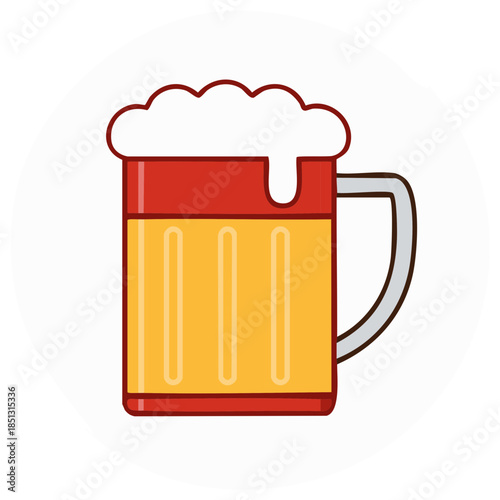 Stylized illustration of a frothy beer mug with amber liquid and a red rim and handle