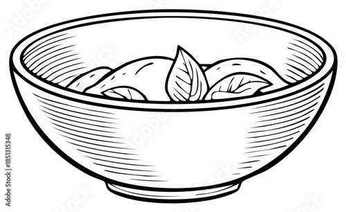Classic hand drawn style illustration of a serving bowl filled with pasta and fresh basil leaves.