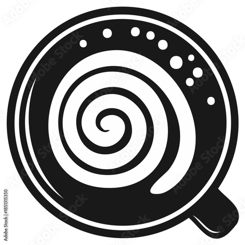 Top-Down View of Cappuccino with Swirl Design and Bubbles in a Mug. Latte art on the milk foam.