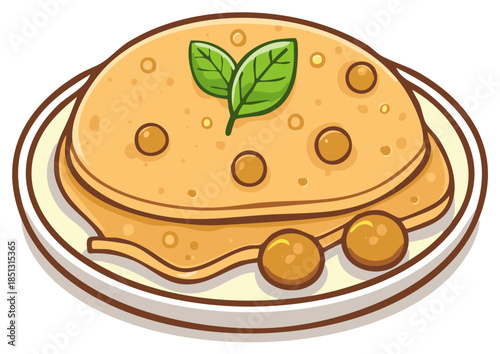 Delicious cartoon illustration of traditional Indian flatbread served on a plate with fresh garnish