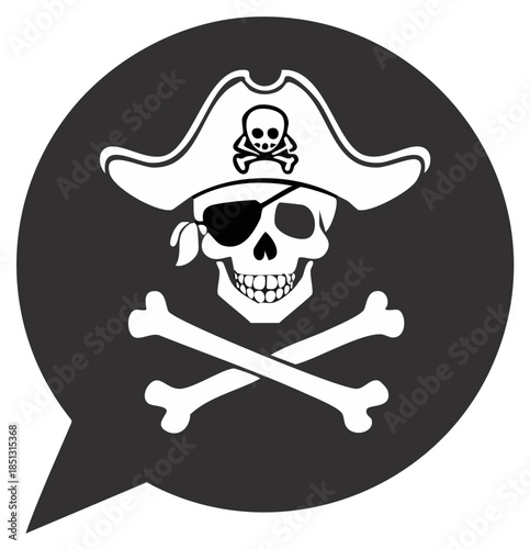 Pirate skull icon in a speech bubble, eye patch, skull and crossbones emblem.