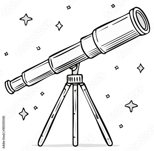 Line drawing telescope for observing stars and night sky exploration educational science illustration