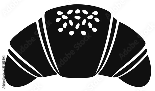 Minimalist black silhouette icon of a traditional croissant with sesame seeds for bakery and breakfast