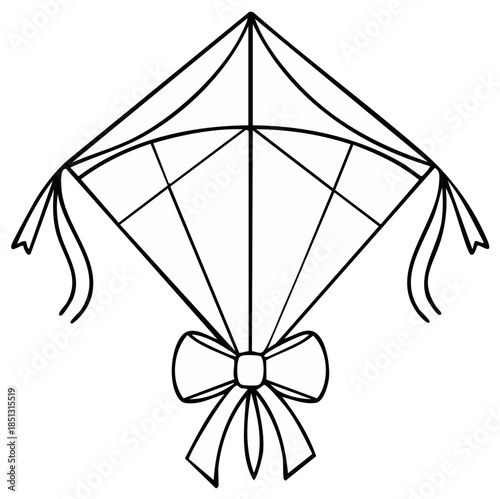 Diamond Kite Outline with Bows and Ribbons Black and White Line Art Illustration