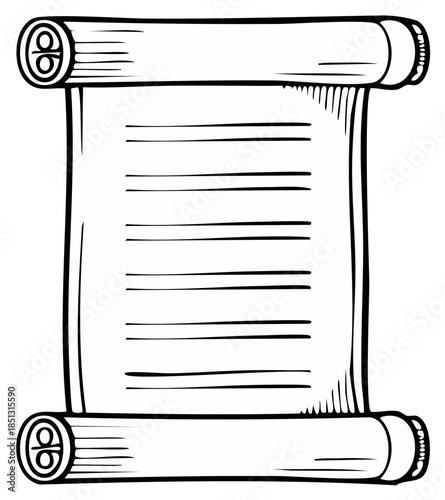Hand Drawn Ancient Scroll with Text Lines Black and White Vector Illustration