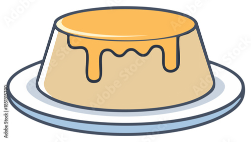 Caramel Flan Dessert Pudding Cartoon Food Sweet Treat on a Plate Illustration