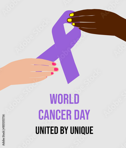 World Cancer Day banner with the 2025-2027 theme "United by Unique" and a purple ribbon held by a white and black woman's hand