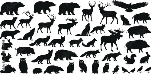 Extensive collection of wild animal silhouettes, showcasing various forest and woodland creatures, birds of prey, and mammals in a versatile vector graphic style