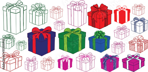 Vibrant collection of illustrated gift boxes and wrapped presents in various colors and styles, perfect for holidays, birthdays, and special celebrations, symbolizing joy and thoughtful giving