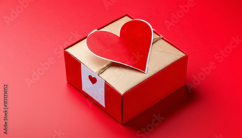 Valentine’s Day subscription service concept, box with heart label, clean background, e-commerce image