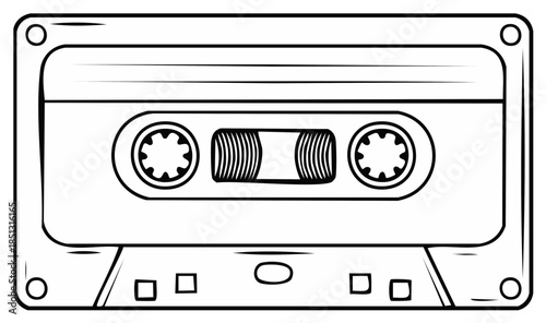 Retro compact cassette music tape black and white line art drawing
