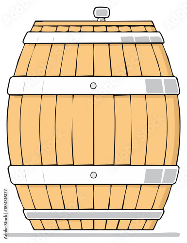 Cartoon style wooden barrel with metal bands and a bung hole, vector illustration for storage concepts