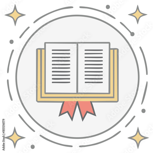 Magical open book of knowledge with sparkling stars and a ribbon bookmark icon
