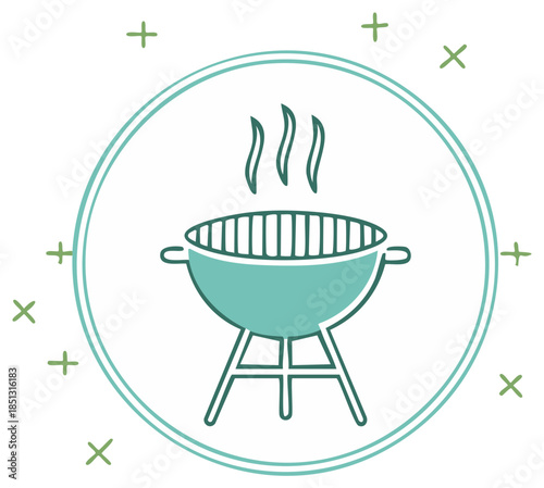 Illustration of a turquoise grill with steam, inside a circular frame with green plus and x marks