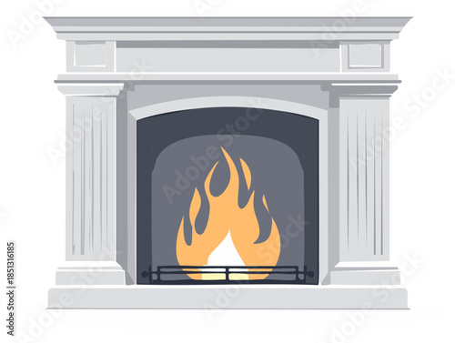 Illustration of a white fireplace with flames, warm cozy home decor, hearth