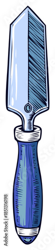 Illustration of a trowel with blue handle and a sharp blade, gardening equipment
