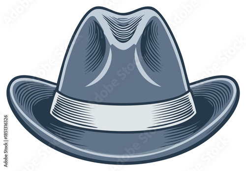 Classic stylish gray fedora hat with a ribbon band seen from the front on a clean white background.