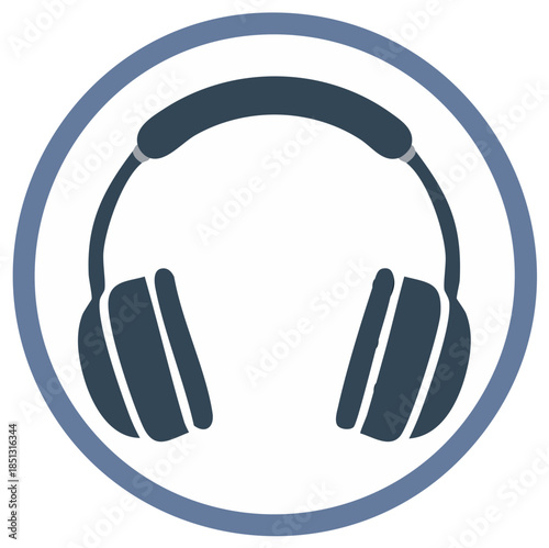 Stylized headphones icon for listening pleasure, technology, music, and modern life depicted within a circular frame