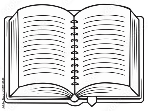 Open blank lined notebook with spiral binding and bookmark