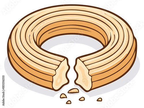 Illustration of a crispy round donut with a break showing the inside crumbs detail, a sweet dessert and pastry food item for breakfast or snack time