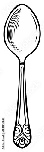Detailed spoon line art drawing, utensil illustration, flatware design with flourish for menu design or creative projects