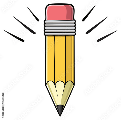 Cartoon illustration of a yellow pencil with eraser and highlighting marks