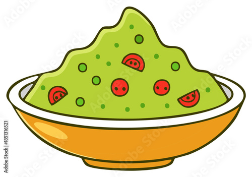 Cartoon illustration of a bowl of fresh guacamole dip with tomato pieces