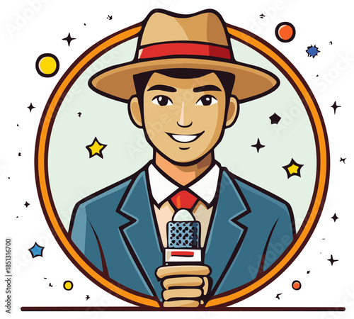 Man in suit and hat holding microphone with stars and circles in the background