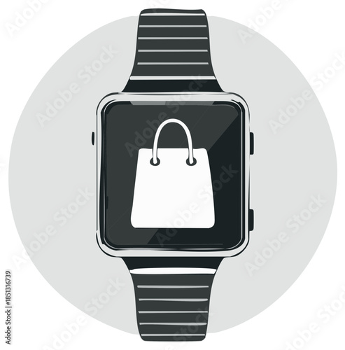 Smartwatch with shopping bag icon for convenient mobile online shopping and digital e-commerce purchases