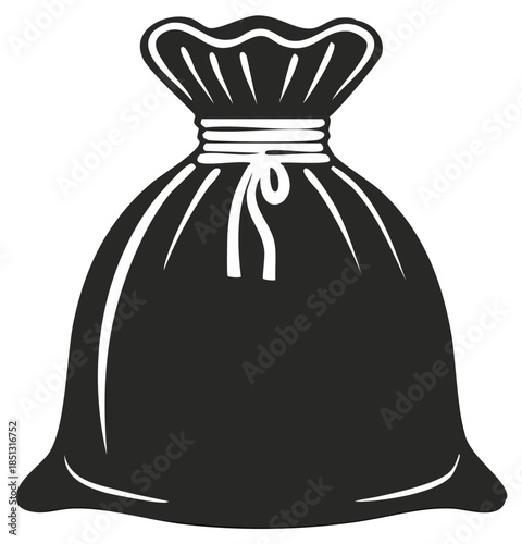Black stylized drawstring sack or bag with knot and tie