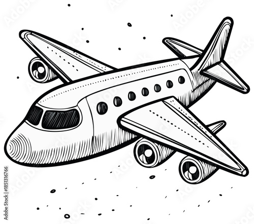 Commercial airplane line art illustration flying above travel tourism and transport aviation